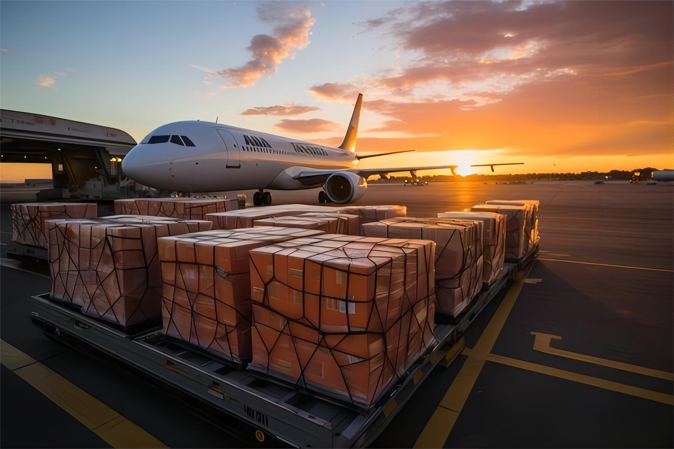 Air freight cargo plane being loaded with pallets