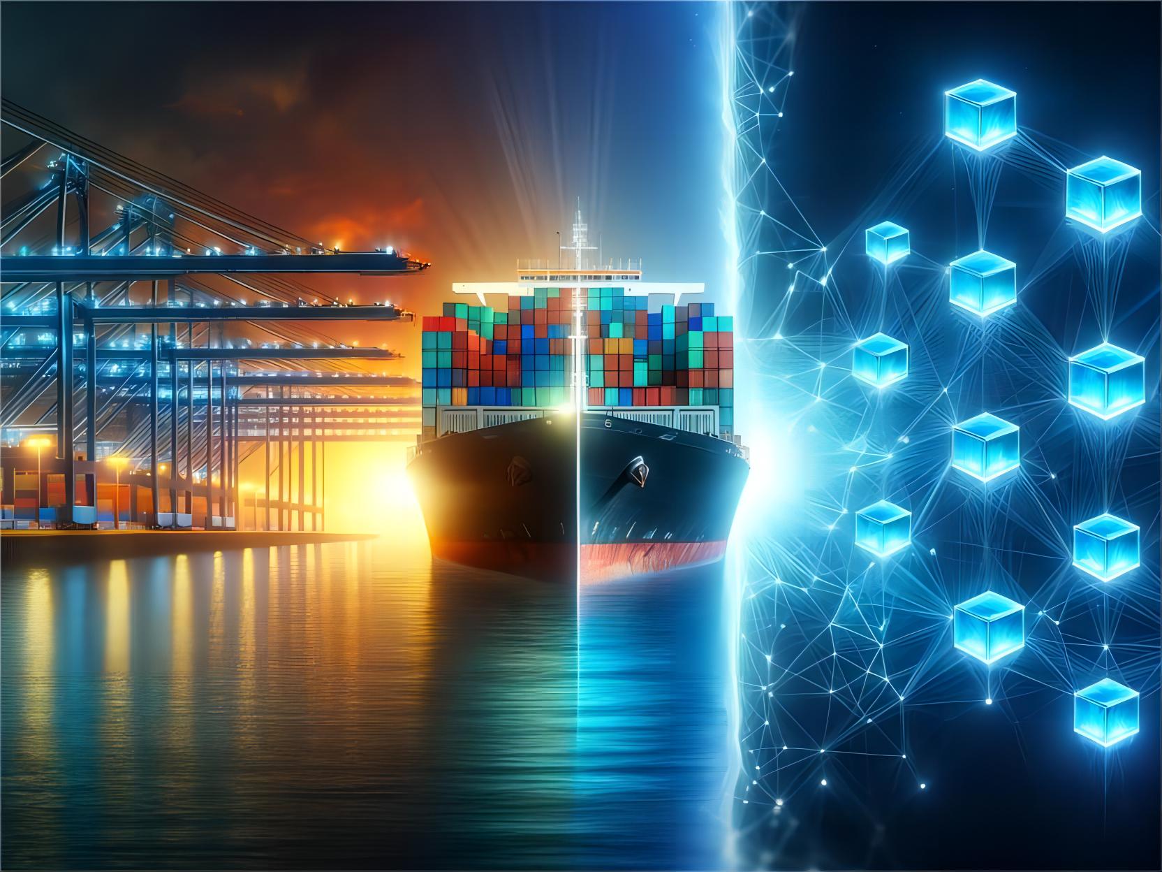 Cargo ship at a busy port representing global logistics